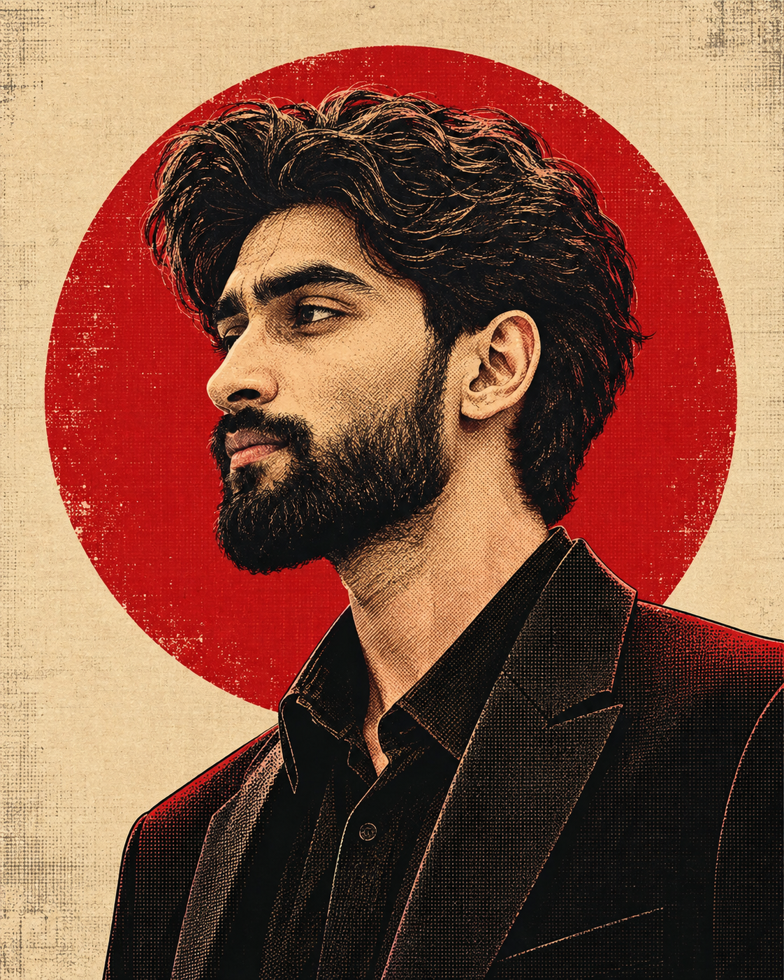 Vintage screenprint editorial portrait of Sachin Mishra